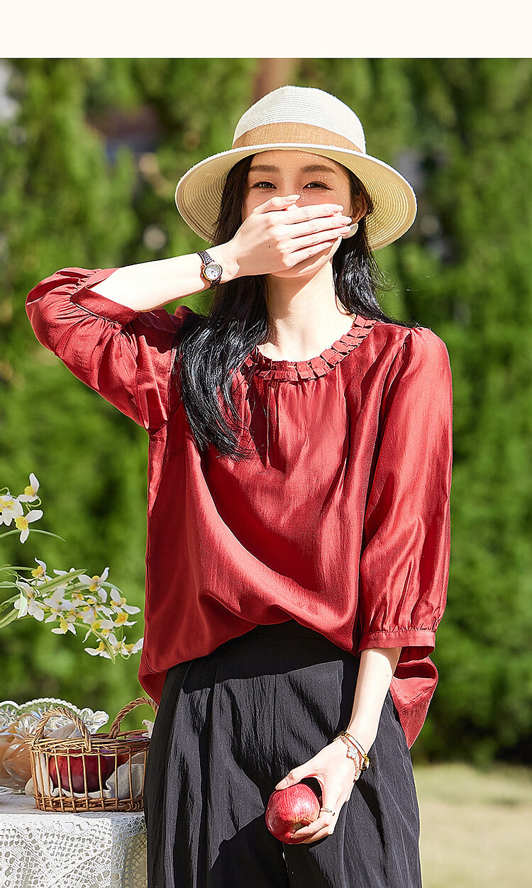 Dme [Lyocell Selection] Summer Pleated Round Neck Water Drop Button Blouse, Puff Three-Quarter Sleeve Shirt, Women's Top 11