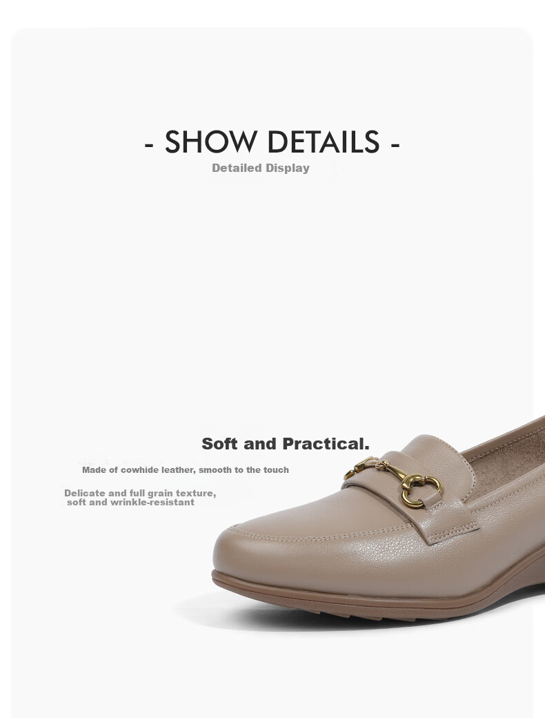Goldlion Women's Shoes, Mom Leather Shoes, Slip-On Shallow Mouth Women's Flats, Wedge Round Toe Loafers, G662330071, Apricot Color, Size 37 5