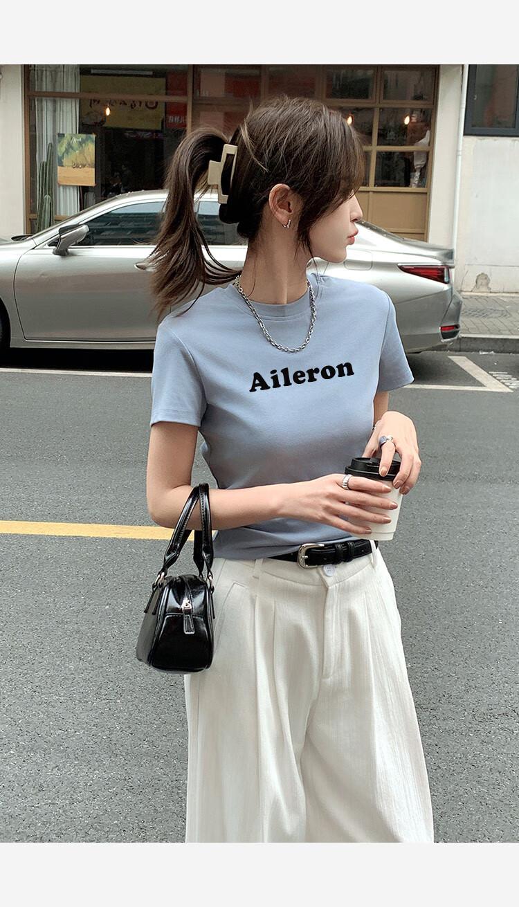 TonLion 2025 Summer Women's Round Neck Short Sleeve T-Shirt with Front Chest Lettering, Casual And Versatile 8
