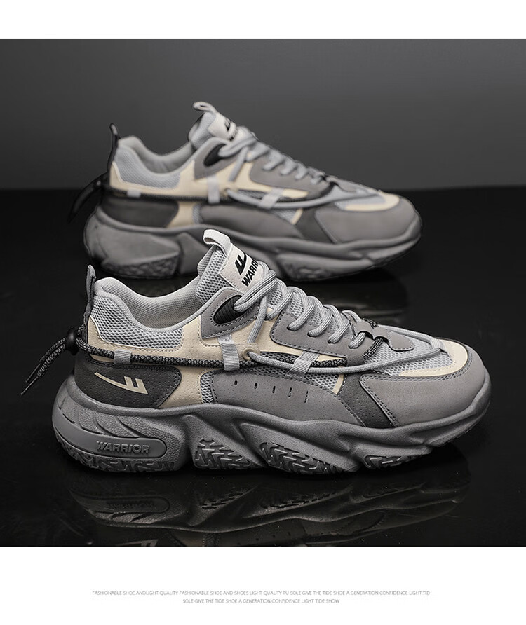 Warrior Men's Shoes, Summer Breathable Mesh, Thick-Soled Heightening Non-Slip Sports Casual Dad Trendy Shoes, Gray, Size 40 14