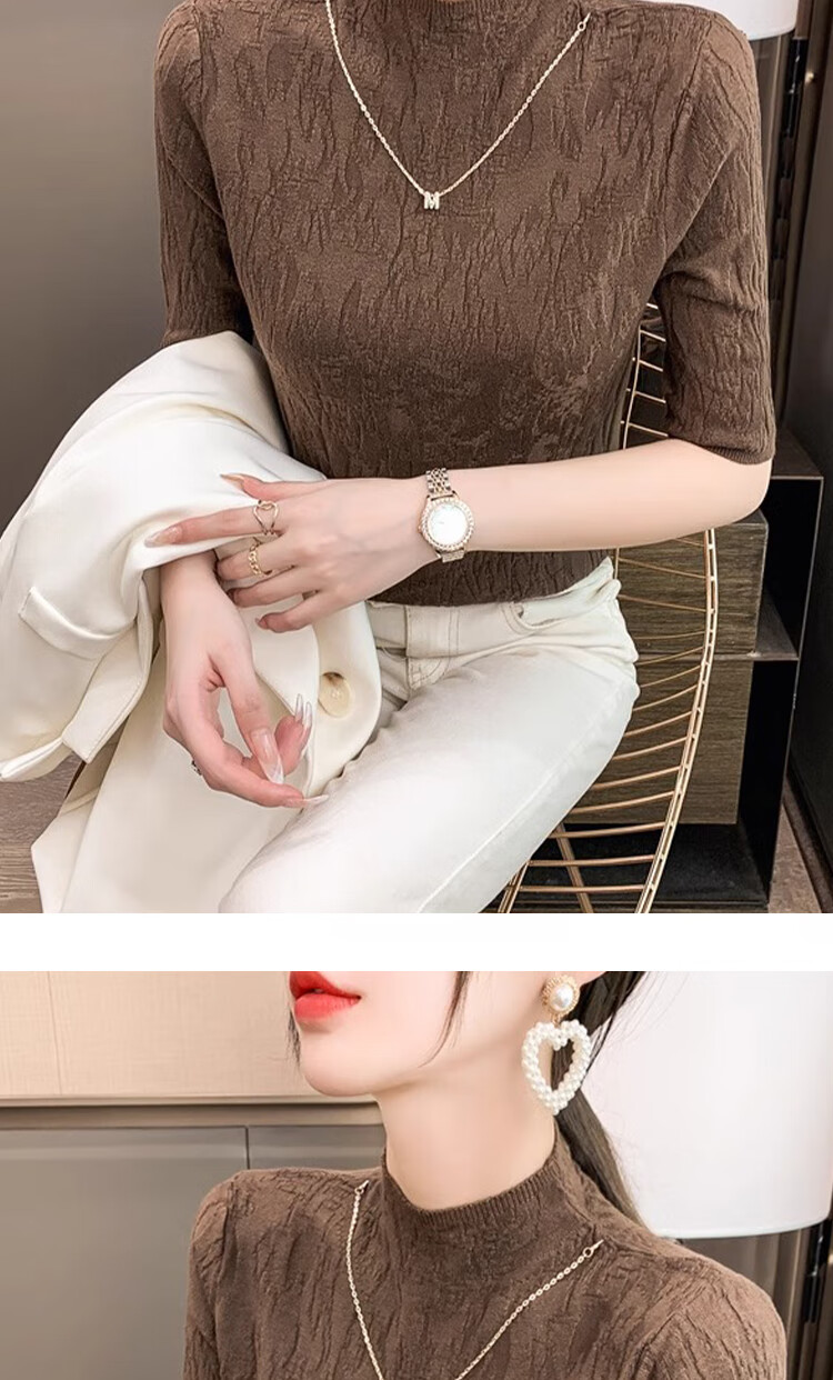 GUJIN Women's Mid-Sleeve Solid Color Textured Knit Top Half Turtleneck Short Sleeve 2025 New Basic Shirt 1