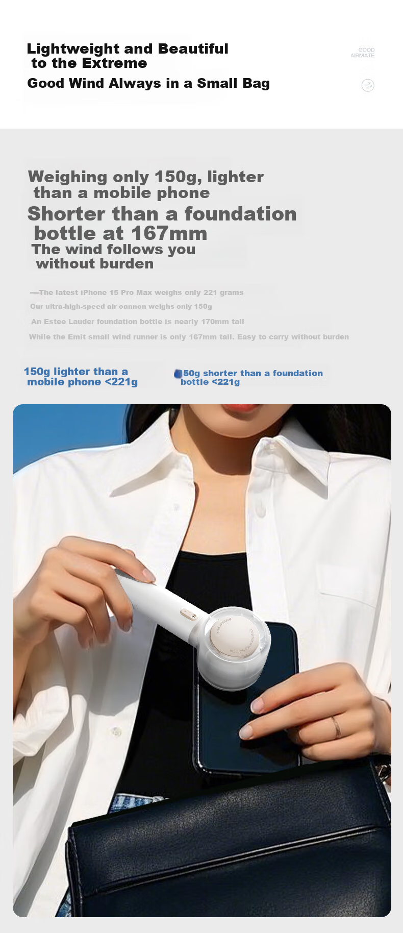 AIRMATE Handheld Mini Fan with Ice Cooling, Digital Display, Quiet Operation for Home, Office, Car, Baby, Energy-Saving And Long Battery Life FREE7 10