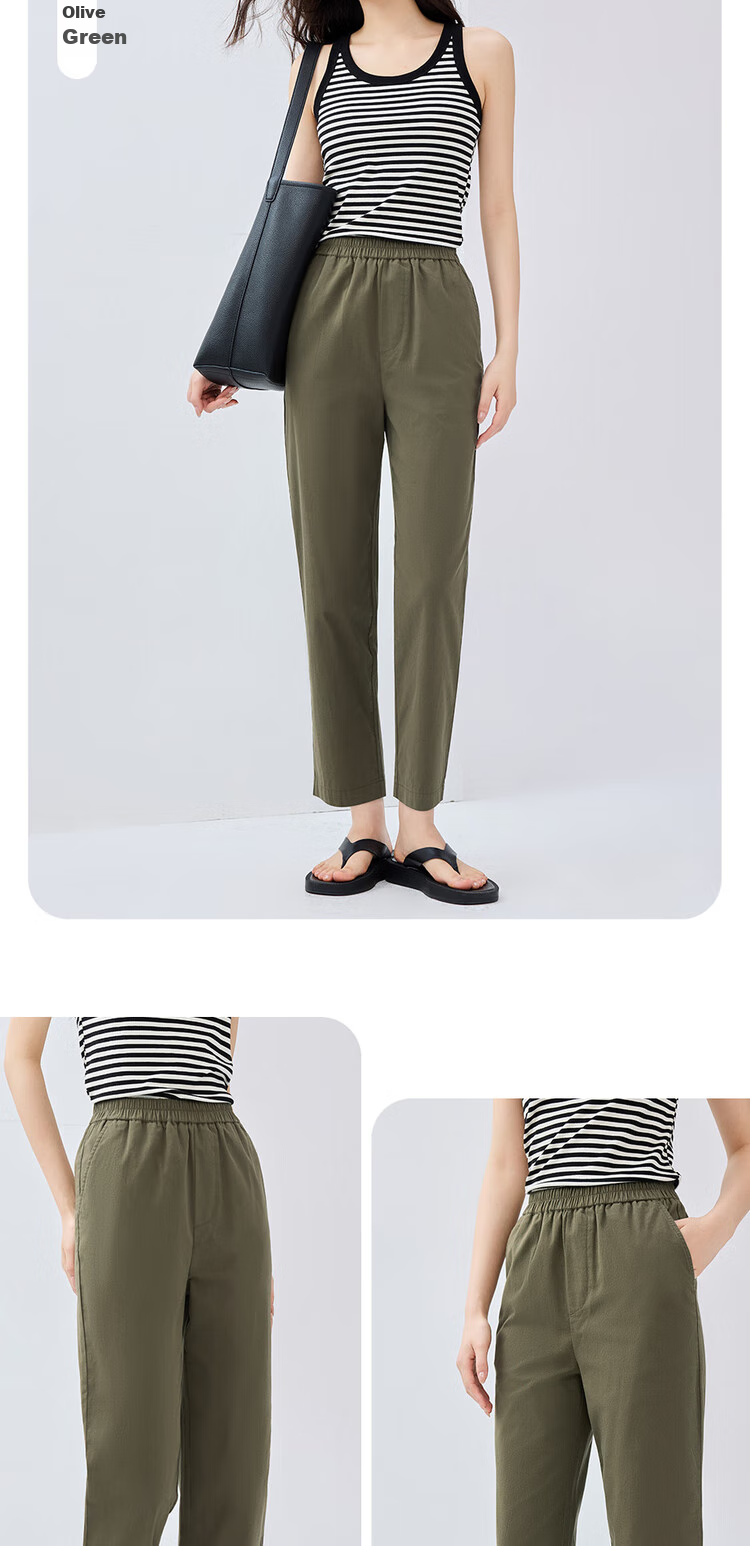 Giordano Women's Pants, New Summer 2026 Style, Pure Cotton Elastic Waist, Lightweight Casual Seven-Point Straight-Leg Trousers, 05425315 11