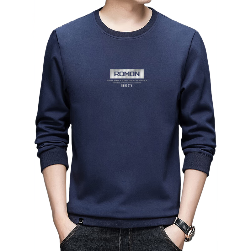 ROMON Men's Sweatshirt, Spring Trendy Long-Sleeve T-Shirt, Business Casual Loose Round Neck Top, Base Layer, L52 Blue 4XL