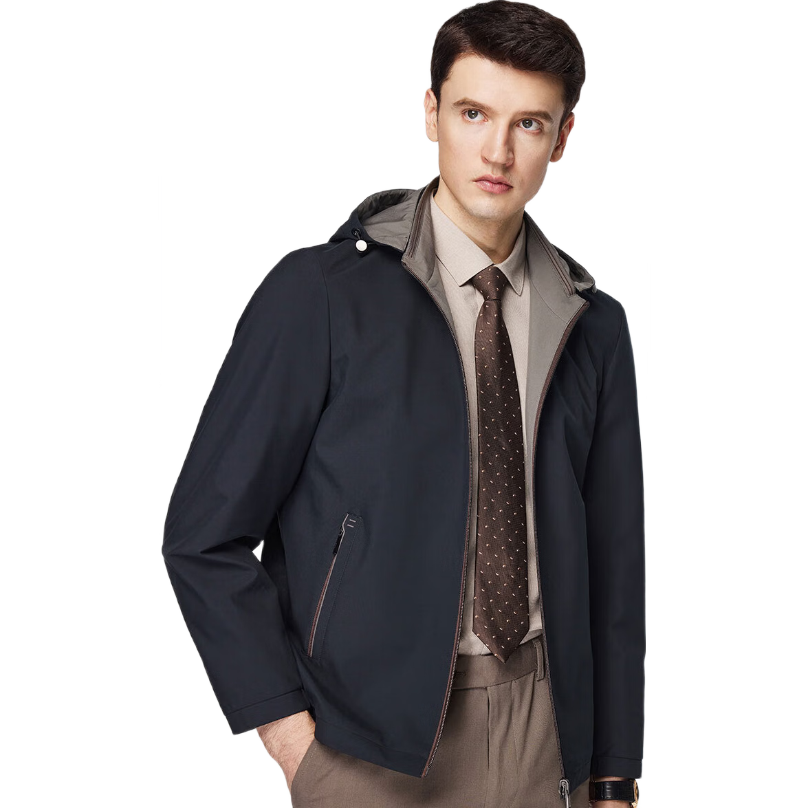 FIRS Jacket, Double-Sided Wear, Hooded, Detachable Stand Collar, Contrasting Colors, Spring Business Commute, Soft Breathable Comfortable Casual Coat