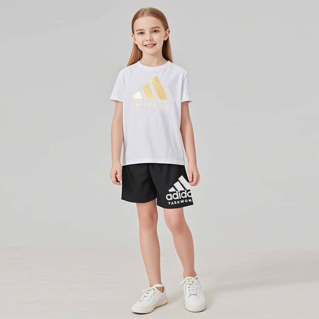 Adidas Children's Short-Sleeve T-Shirt And Shorts Set, White/gold + Black Shorts, Size 140