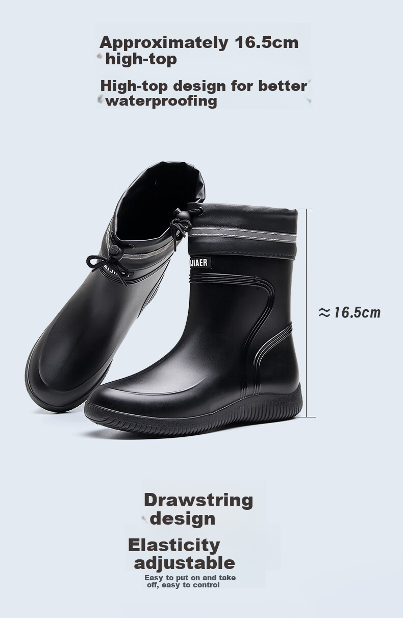 GUOLUOFEI Men's Mid-Calf Rain Boots, Outdoor Waterproof Non-Slip Thick-Soled Elastic Shoes for Food Delivery Riders, Black, Size 43 5