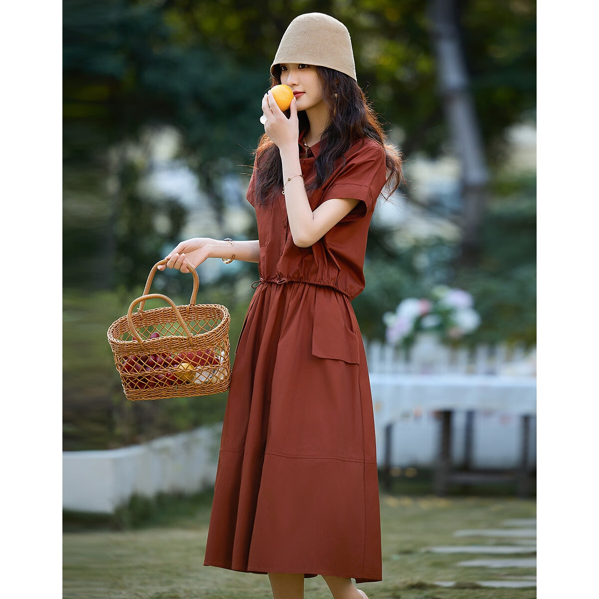 Demana 100% Cotton Poplin Set Summer Lapel Large Pocket Pigskin Button Top A-Line Skirt Two-Piece Set