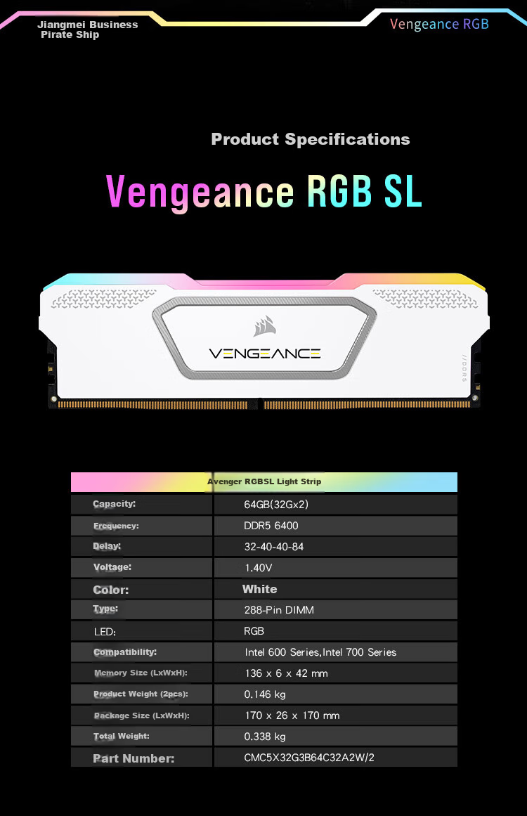 USCORSAIR 64GB (32G X 2) Kit, DDR5 6400 Desktop Memory Module, Vengeance RGB SL Light Bar, White, C32 9