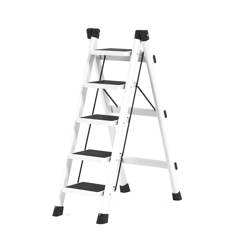 AOZHI Folding Ladder, Household Ladder, Multifunctional A-Frame Ladder, Portable Storage Rack, Carbon Steel Flower Stand Ladder, Elegant White, Five Steps
