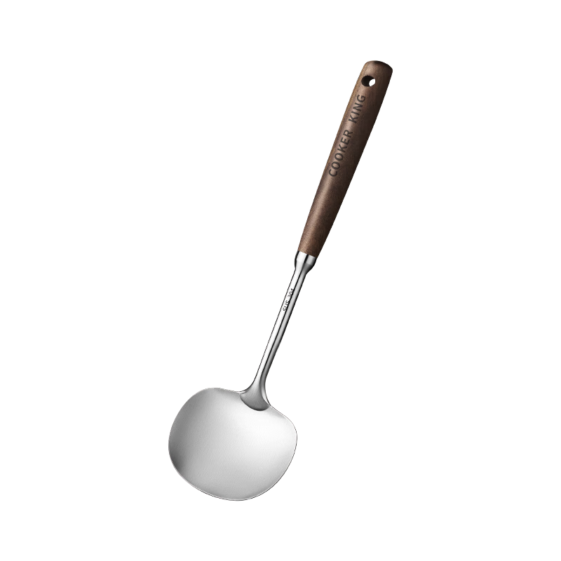 COOKER KING 304 Stainless Steel Wok Spatula, Mushroom Shovel with Walnut Wood Handle, Household Cooking Ladle, Short-Handled Stir-Fry Spoo