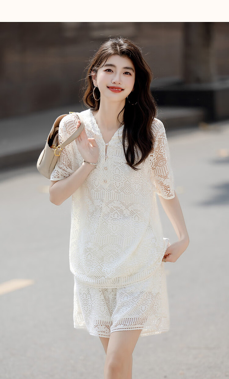 Demana Lace No-Fail Summer Hooded Lace Ribbon Top and Hollow Jacquard Pants Women's Two-Piece Set 11