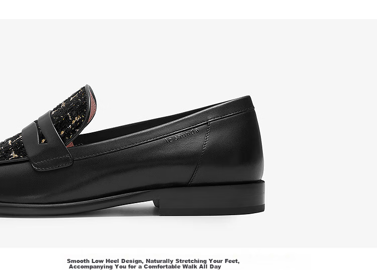Le Saunda Lai Fu Family 2026 Spring And Summer Vintage Chanel-Style Slip-On Loafers for Women 19002, Black BKL, Size 34 5