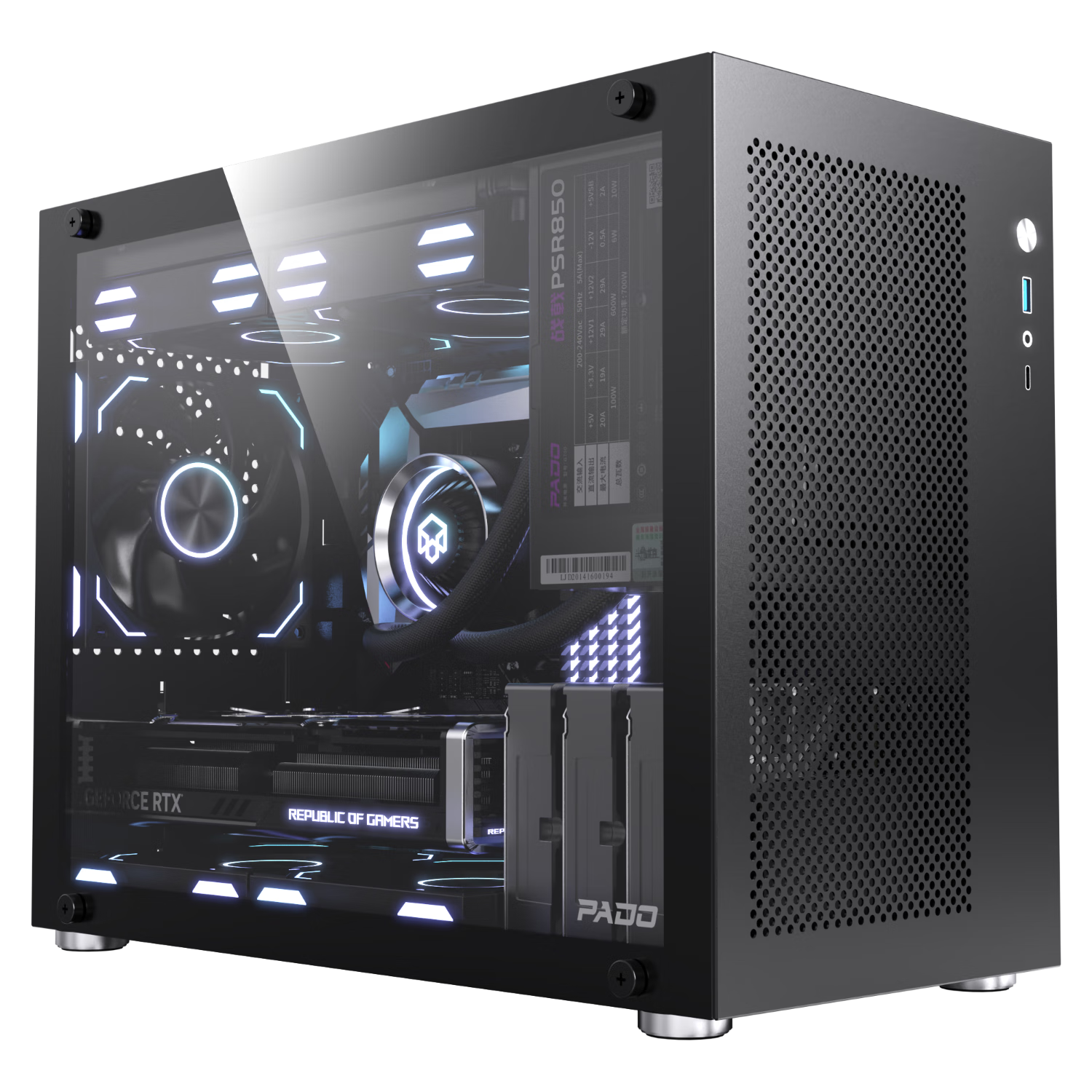 PADO N4 Black MATX Case, 240mm Water Cooling Support, Desktop Portable Handheld Computer Tower Case, Mini Side-Transparent Glass, Supports Graphics Card Length up to 360mm