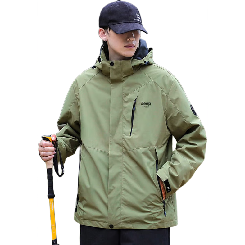 JEEP SPIRIT Men's Jacket Spring And Autumn Korean Style Workwear Three-In Fleece Windbreaker Outer Coat Men's Clothing Army Green - 3XL