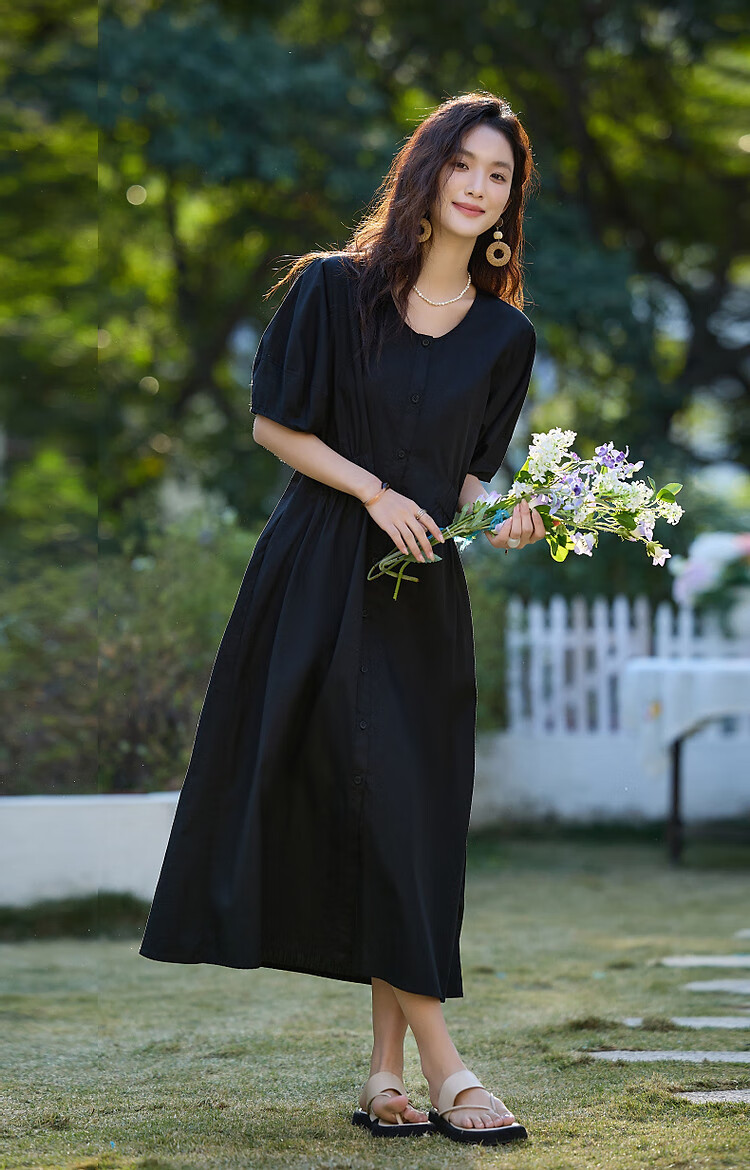 Demana 100% Cotton Summer Elegant V-Neck Elastic Waist Short Sleeve Mid-Length Slimming Women's Dress 22
