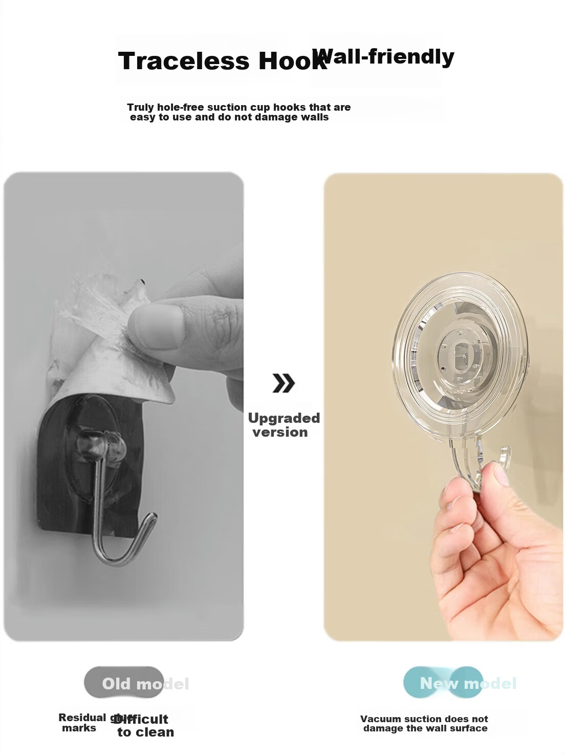 Tingjianshiguang Suction Cup Hooks, No Drilling Required, Strong Vacuum Power, for Bathroom Kitchen Toilet, Removable Adhesive Hooks, 2 Pieces 2