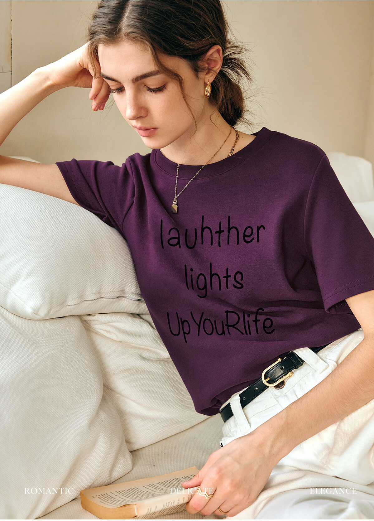 Oulain Letter Print Short-Sleeve T-Shirt, Women's Versatile Loose Casual Round Neck Top, Purple, S 2