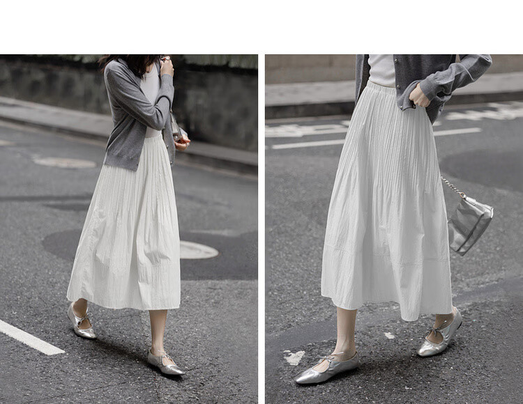 Dme [Lingdong Muxi] Spring French Cloud-Feel Cotton Elastic Waist Pleated A-Line Breathable Midi Skirt for Wome 15