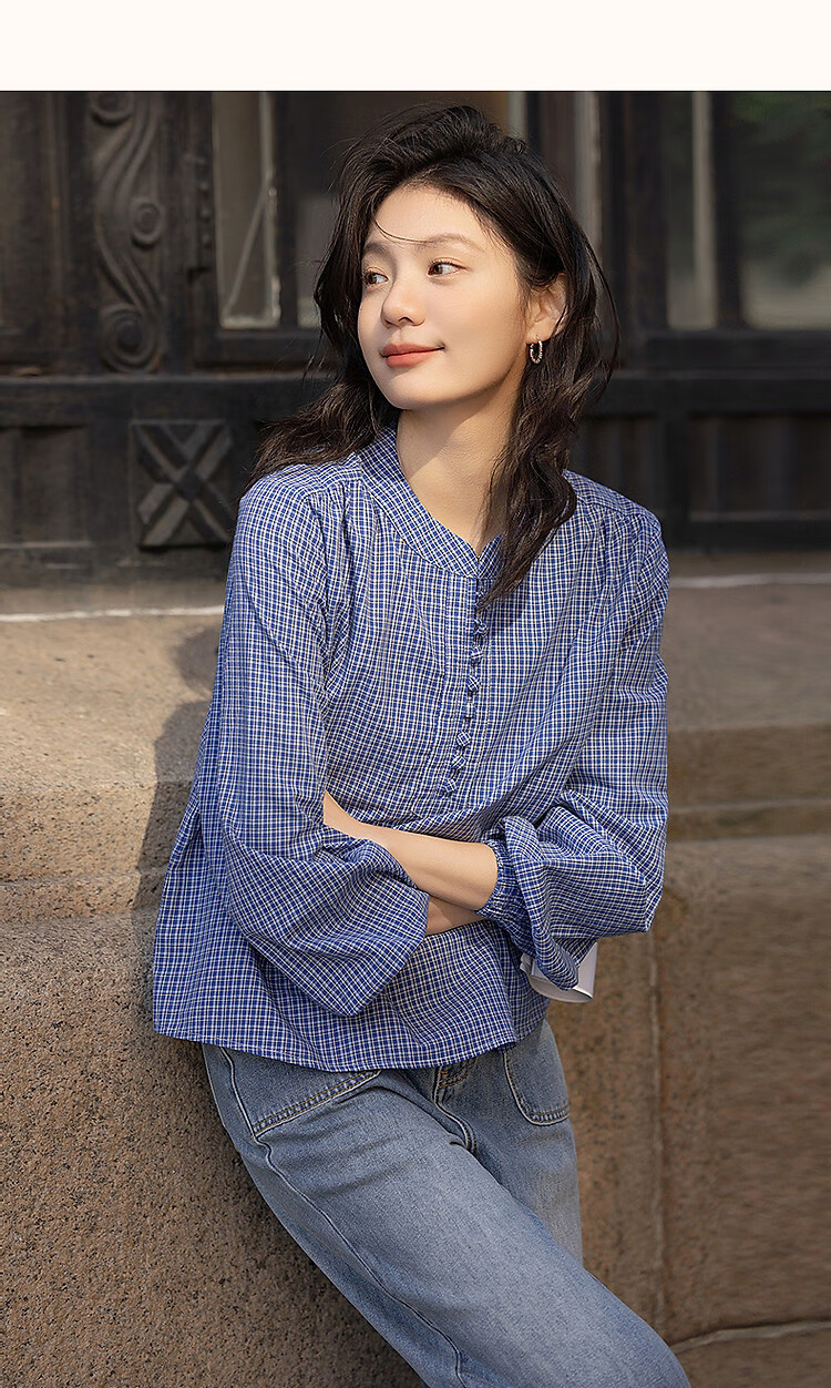 Dme [Salt-Style Youthful Plaid] Spring Small Stand-Collar Cloud-Feel Cotton Shirt with Small Pleats And Elastic Band, Women's Blouse Top 10