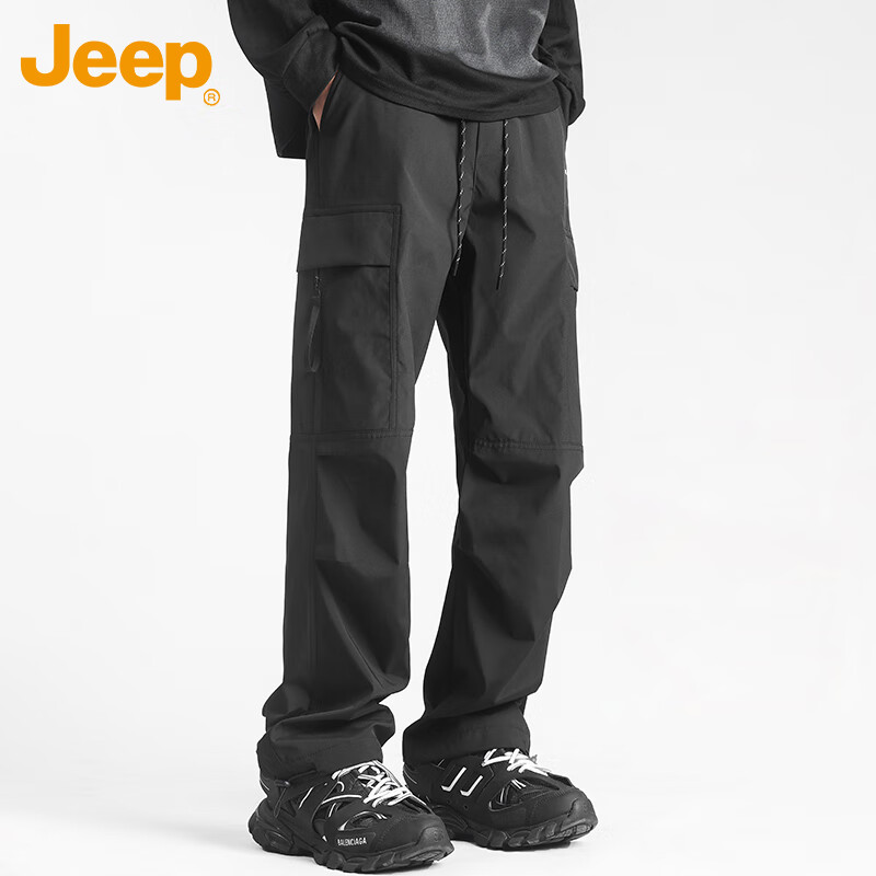 JEEP Casual Pants for Men, Spring And Autumn Loose Straight-Leg Tactical Cargo Trousers, Long Pants, Black, Size L