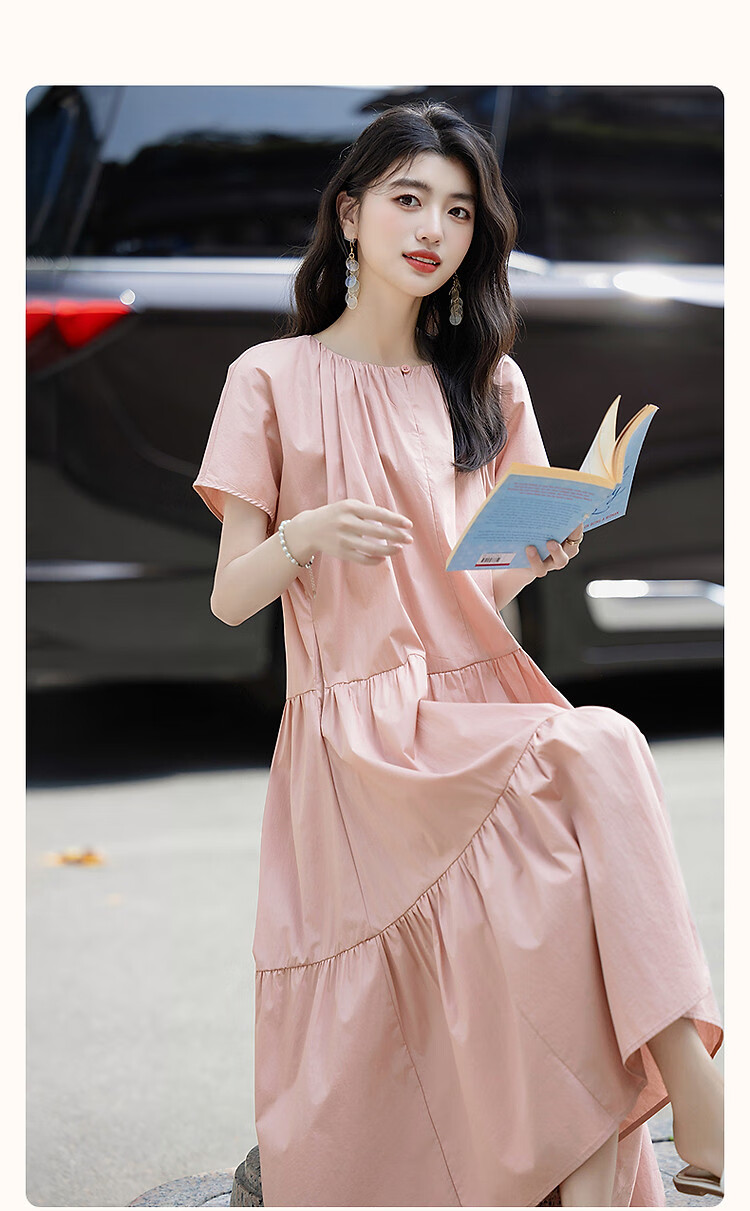 Demana Soft Mist Morandi Summer French Style Pure Cotton Round Neck Design Split Loose Waist Short Sleeve Women's Dress 3