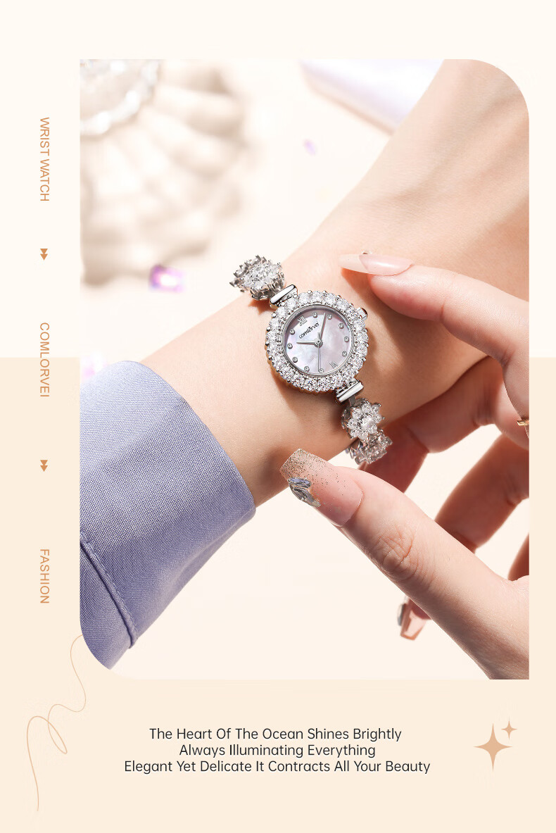 COMLORVEI Rotating Camellia Series, Diamond-Studded Sparkling Sweet Girl Quartz Movement, Mother-Of Dial, Water-Resistant, Versatile Elegant Wristwatch D678 3