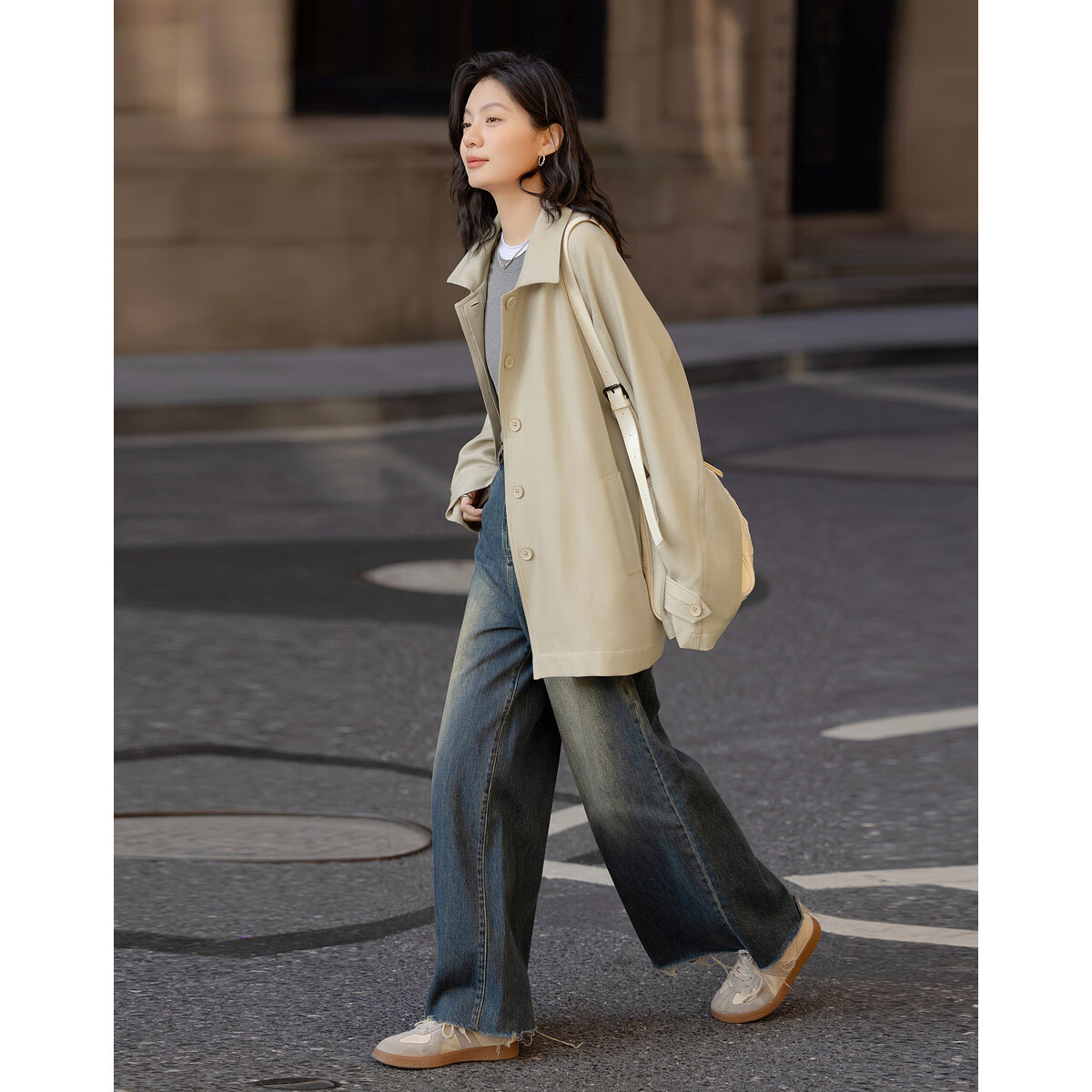 Demana Vintage Revival Spring Smart Simple Lapel Hidden Button Loose Fit Concealed Slimming Comfortable Women's Trench Coat Jacket