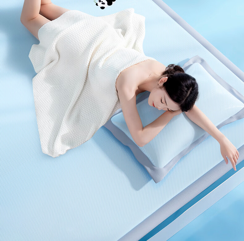 YUZHAOLIN Class A 600D Ice Silk Cooling Mat, Double-Sized Three-Piece Set, Blue Panda Pattern, 150*200cm, Antibacterial And Foldable 11