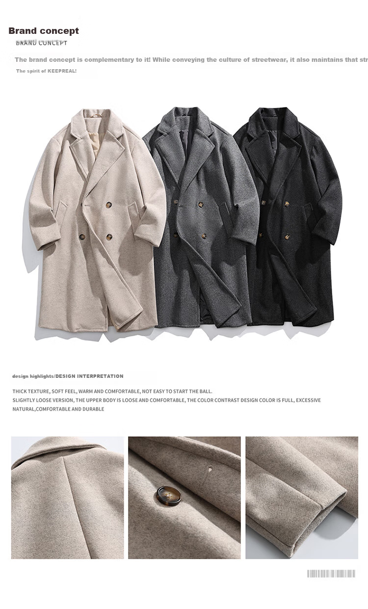Dingfengbaoluo Korean-Style Wool Coat for Men, Winter Mid-Length Thickened Overcoat, High-End Double-Breasted HK09 Matte Black L 2
