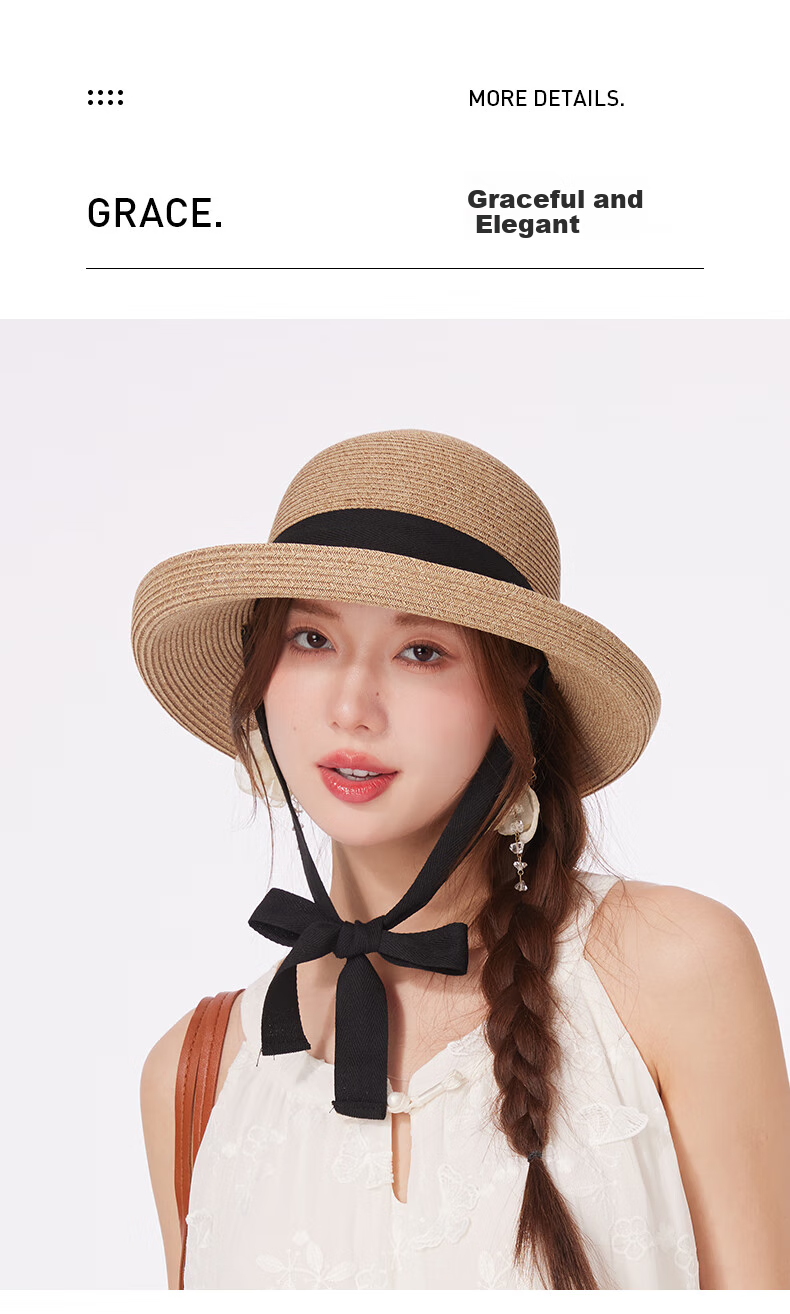 CACUSS Straw Hat for Women, Summer Sun Hat, French Elegant Style, Face-Slimming Effect, Rear Split with Bow, Beige 9