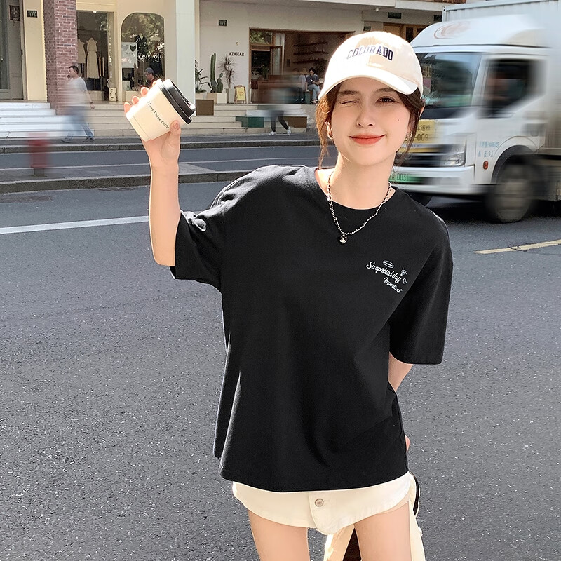 TonLion 2025 Summer Women's Back Text Print Short-Sleeve T-Shirt, Black, M
