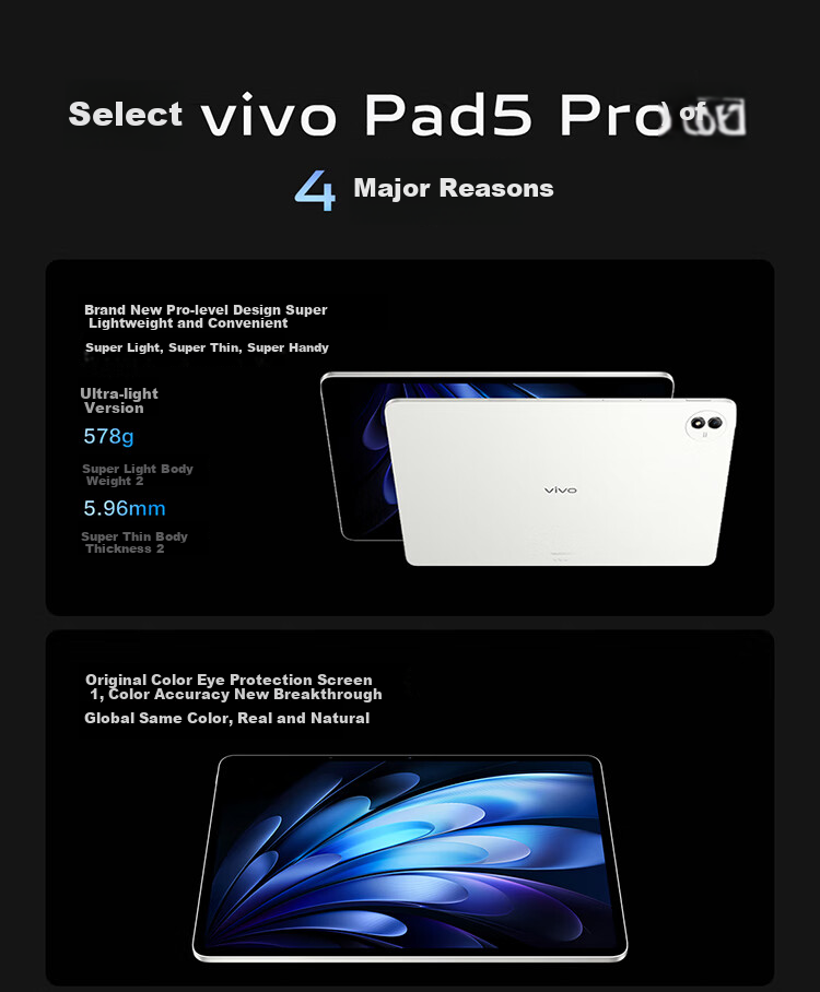 Vivo Pad5 Pro Ultra-Light Version, 16GB+512GB, Light Feather White, Subsidies, Blue Crystal × Dimensity 9400, 13-Inch Original Color Eye Protection Screen, Tablet Computer 1