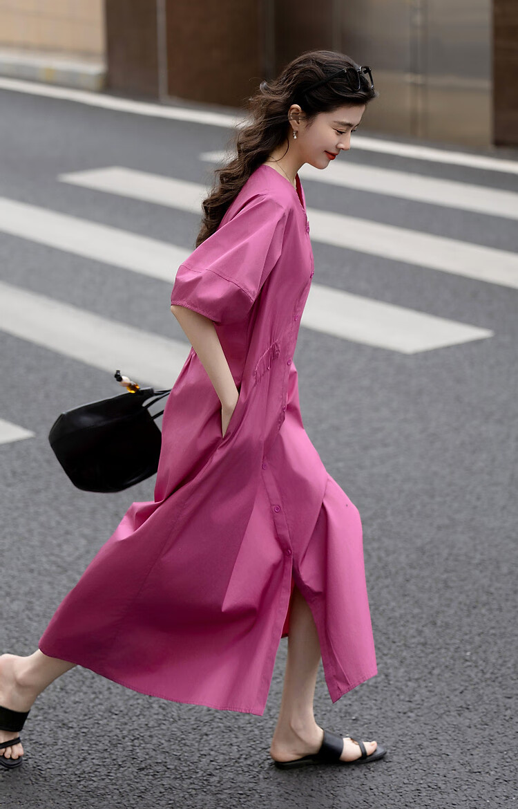 Demana 100% Cotton Summer Elegant V-Neck Elastic Waist Short Sleeve Mid-Length Slimming Women's Dress 14