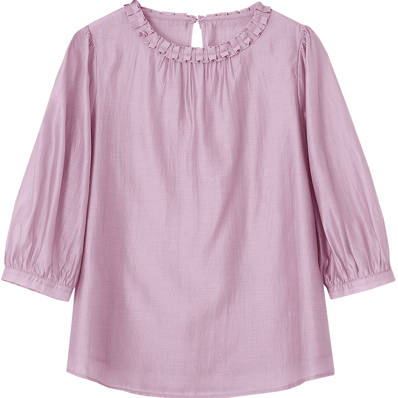 Dme [Lyocell Selection] Summer Pleated Round Neck Water Drop Button Blouse, Puff Three-Quarter Sleeve Shirt, Women's Top