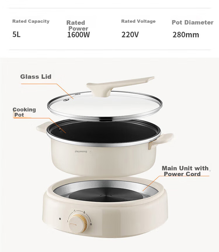 Joyoung Household 5L Large Capacity Electric Hot Pot, Detachable And Washable, Specialized Hot Pot, Electric Cooking Pot, Electric Wok, Multifunctional Non-Stick Pot HG50-G525 4