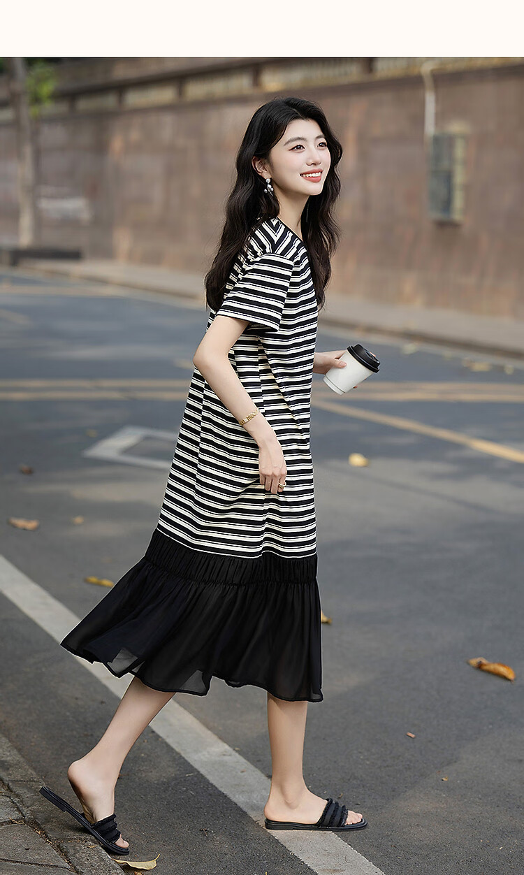 Demana High Elasticity Body-Friendly Summer Ribbed Round Neck Ruched Wave Edge Waistless Five-Sleeve Women's Dress 17