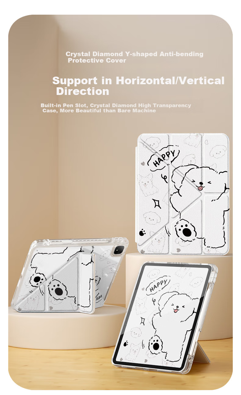 Qiaojiejie Compatible with Honor Tablet GT Pro Case, 12.3-Inch 2024 Model Tablet Protective Cover, Cartoon Design with Pen Slot, Anti-Bend Y-Shaped Tri-Fold Simple Dog Patter 1