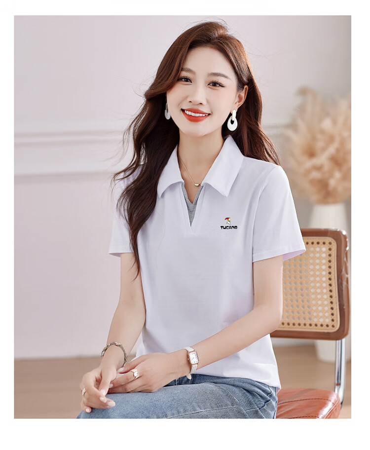 TUCANO Women's Short Sleeve T-Shirt Summer New V-Neck Polo Shirt Pure Cotton Slim Fit Sports Casual Top Purple Red M 11