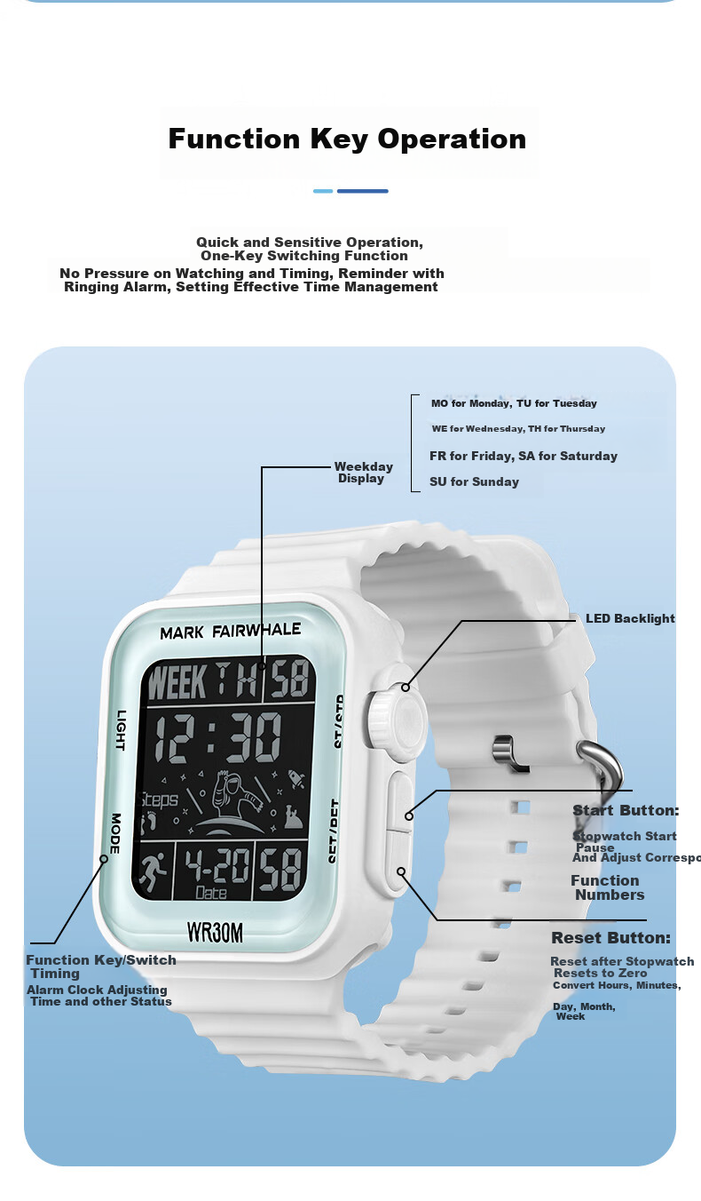 MARK FAIRWHALE Sports Watch for Men And Women Students, LED Square Electronic Watch with Alarm, Waterproof Wristwatch, Birthday Gift 4430 7