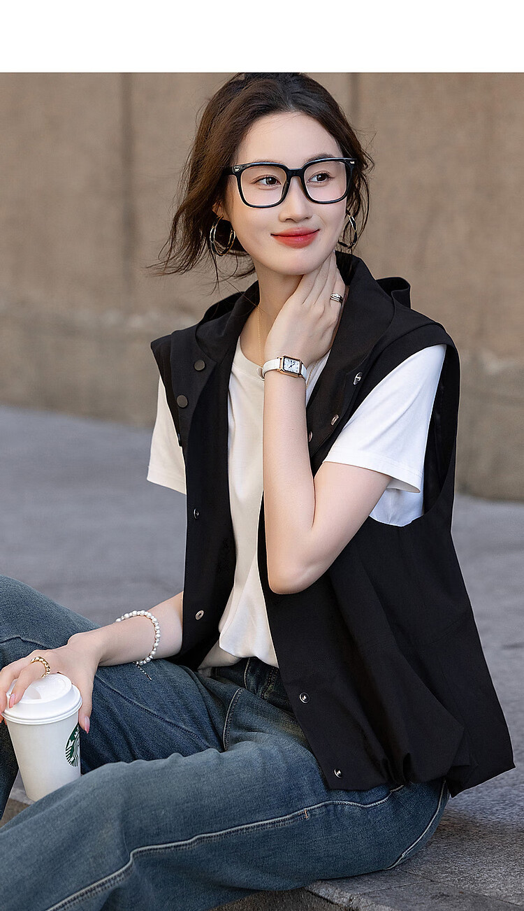 Dme [Minimalist Return] Autumn Simple Style Commuter Hooded Sleeveless Four-Button Casual Jacket Women's Outerwear 13