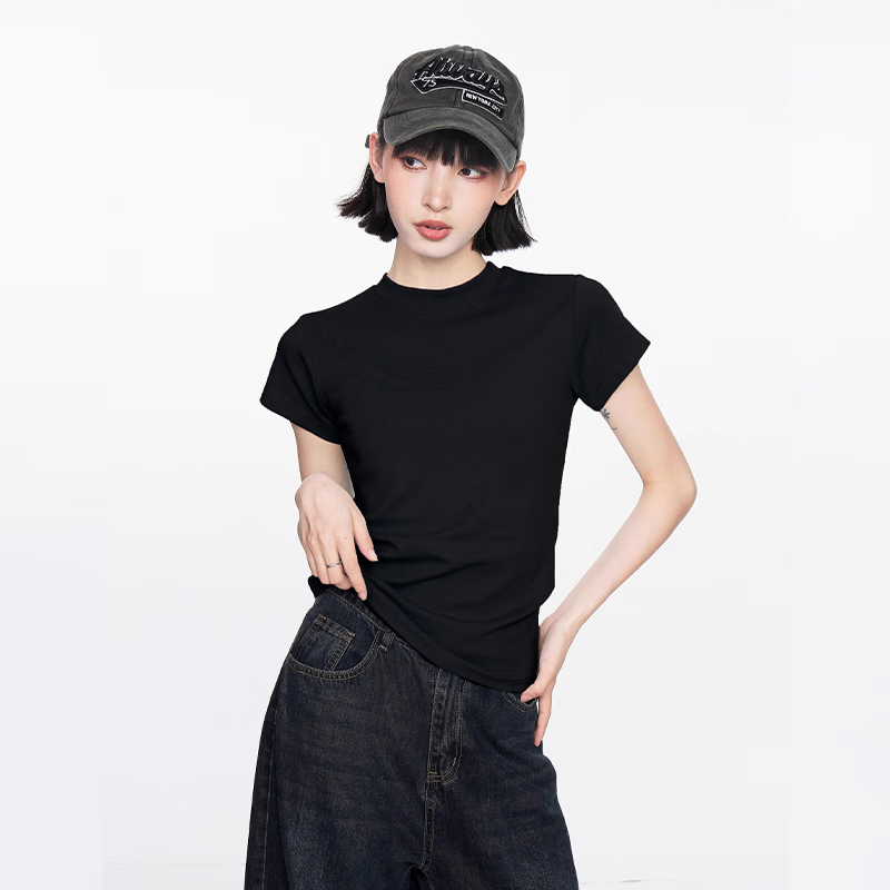 TUCANO V-Neck Regular Shoulder Short-Sleeve T-Shirt for Women, Summer Slim-Fit Pure Cotton Large Collar Half-Sleeve Top, Black, M