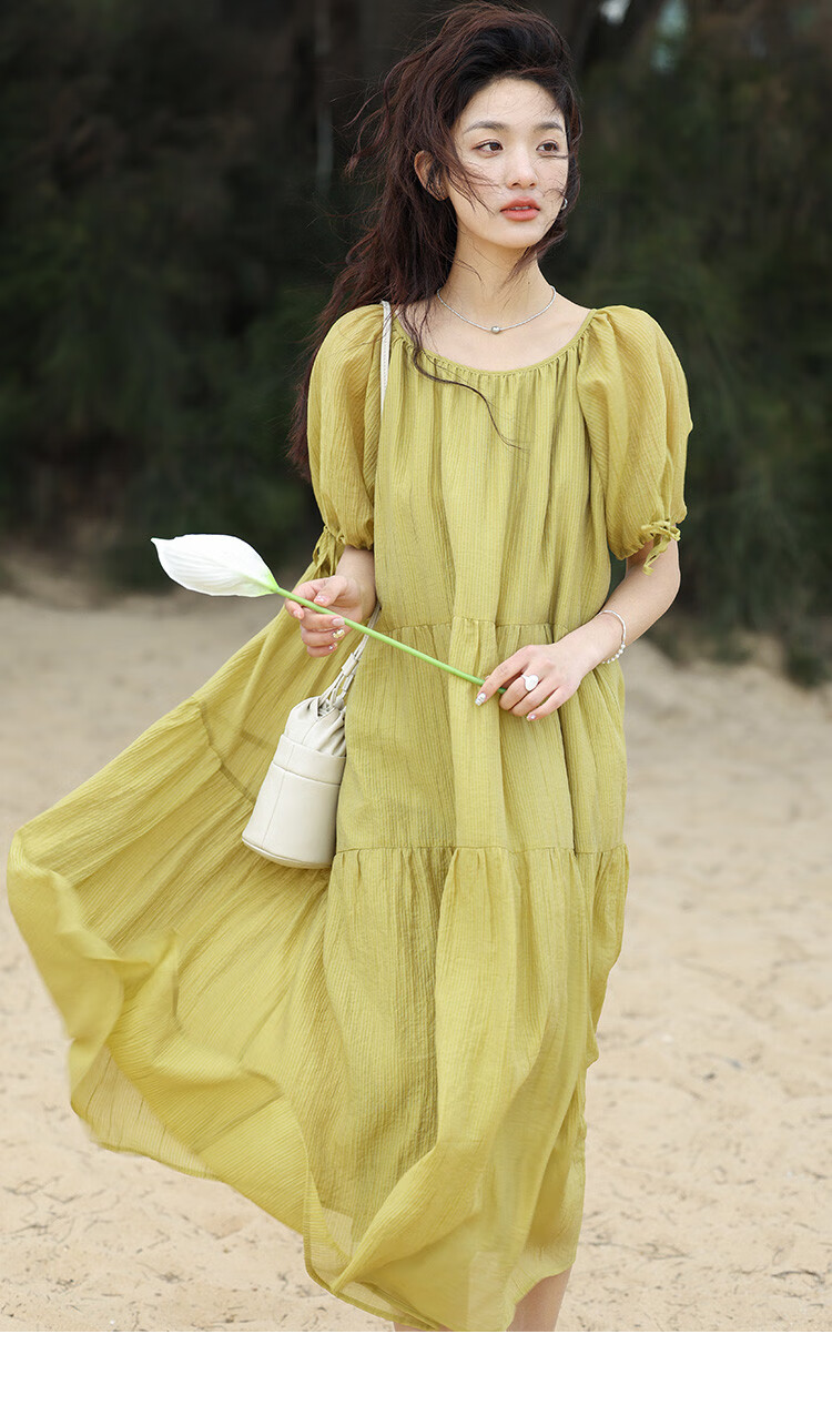 Dme Relaxed Fit Round Neck Long Dress Summer Vacation Fabric Textured Sleeve Cuff Drawstring Design Dress 8