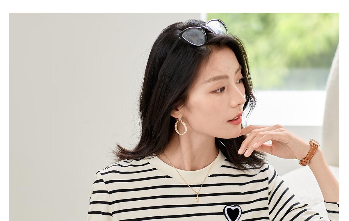 Chushen Summer Short-Sleeve T-Shirt for Women, Fashionable Versatile Round Neck Heart Logo Striped Pure Cotton Half-Sleeve Top S13KT1172 12