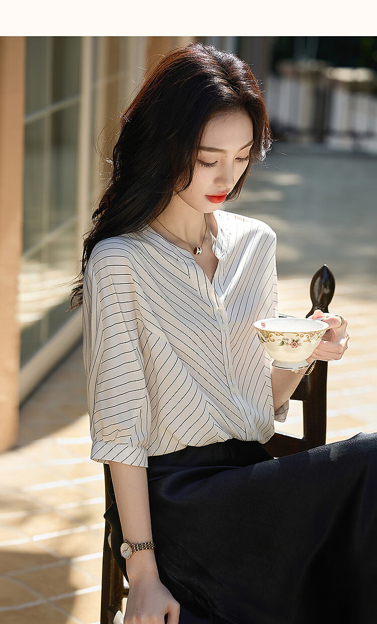 Dme [Unwearable Stripes], Summer Elegant V-Neck Patchwork Shirt, Connected Sleeves, Loose Comfortable Blouse, Women's Top 8