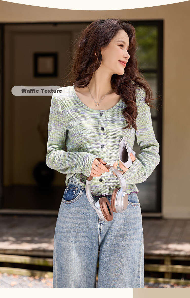 Dme Autumn Artistic Gradient Vintage Round Neck Ruffled Edge Elegant Women's T-Shirt with Moisturizing Cloud Cotton 2