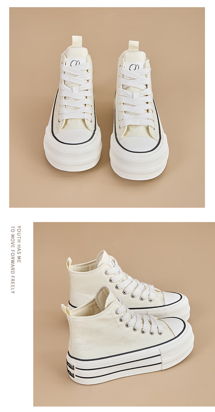 La Chapelle Women's Canvas Shoes High-Top Thick-Soled White Sneakers Casual Height-Increasing Shoes Beige Low-Top Size 40 9