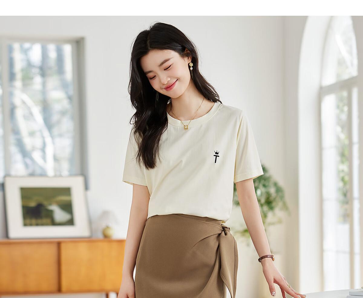Taxiang Women's Short-Sleeve T-Shirt, Round Neck, Casual Versatile Embroidered Top, Ladies' T-Shirt, Simple Short-Sleeve Undershirt T143T1390 9