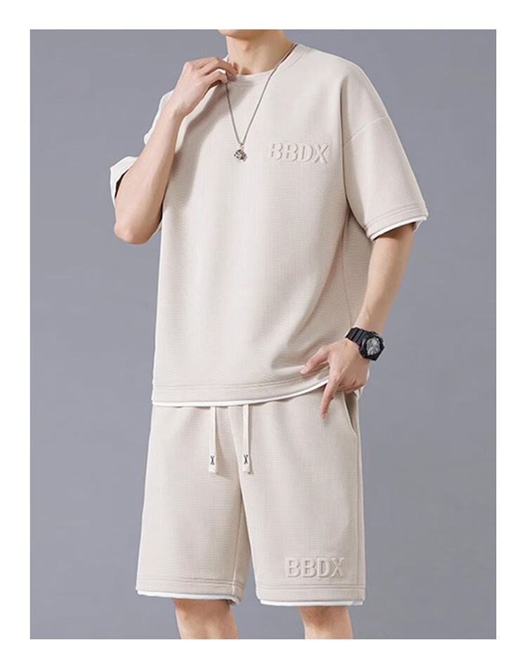 JEEP SPIRIT Men's Summer Waffle Short Sleeve T-Shirt and Shorts Set Casual Sports Two-Piece Suit Off-White L 6