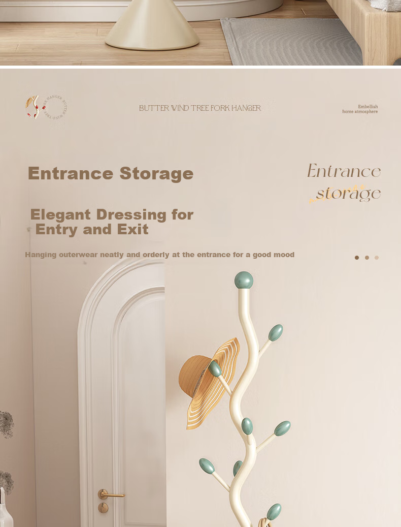 Shengnuoyilin Coat Rack Cream Style Bedroom Clothes Hanger, Entrance Hall Coat Stand, Fishbone Clothes Hanger, Floor-Standing Bag Rack, White And Gree 15